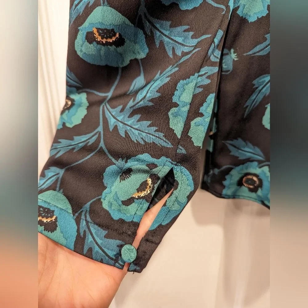 J. Crew Satin back crepe peplum button-front black green floral blouse shirt 2